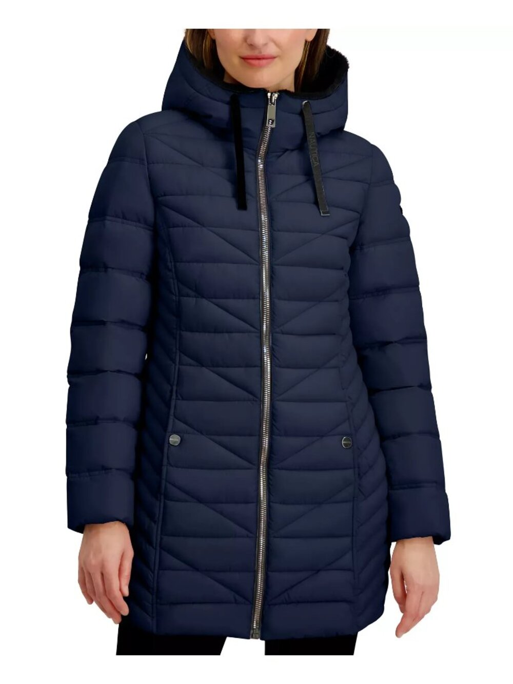 NWT Nautica Navy Blue Women's Faux-Fur-Lined Hooded Puffer Winter Coat Size S